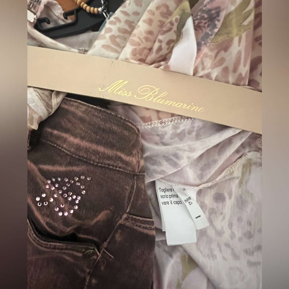 Miss Blumarine Pink Floral Top Brown Skirt jeans 3 Pc Set belt Italy size 10-12 - Picture 8 of 12